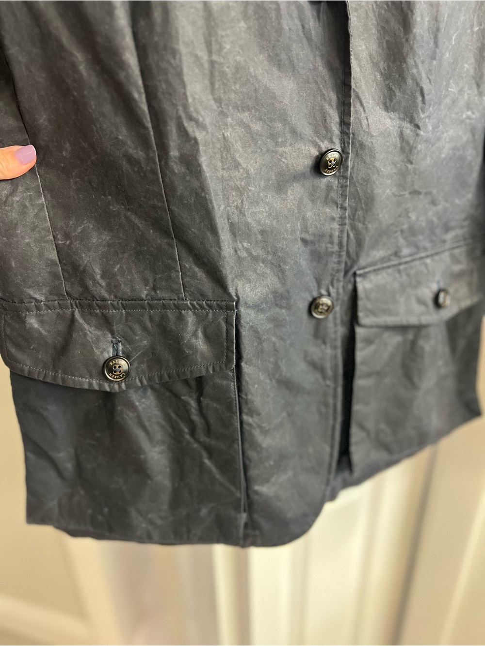NWT Vtg Polo Ralph Lauren Navy Waxed Cotton Field Coat with Corduroy Collar - Picture 4 of 11
